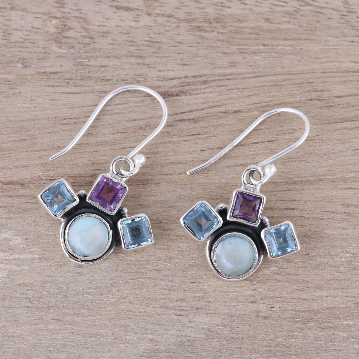 Delightful Glow Blue Topaz Amethyst and Larimar Silver Dangle Earrings