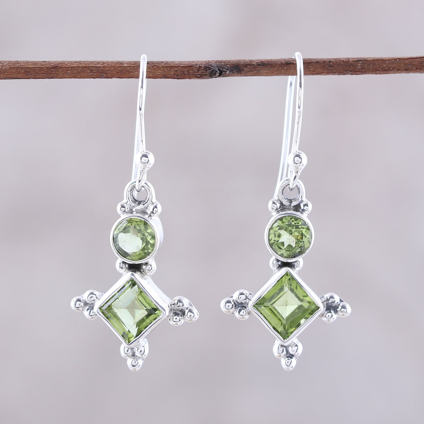 Opulent Stars Sterling Silver and Green Peridot Star Dangle Earrings