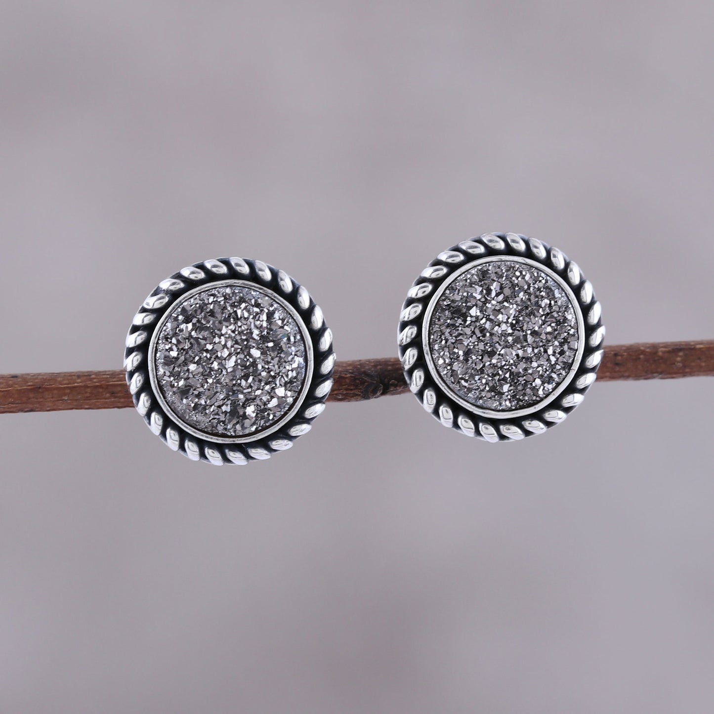 Grey Sphere Drusy Quartz Earrings