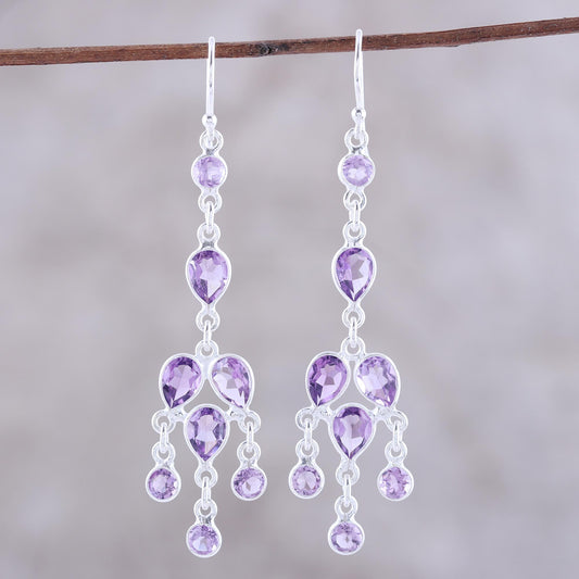 Leafy Adornment Sterling Silver and Purple Amethyst Chandelier Earrings