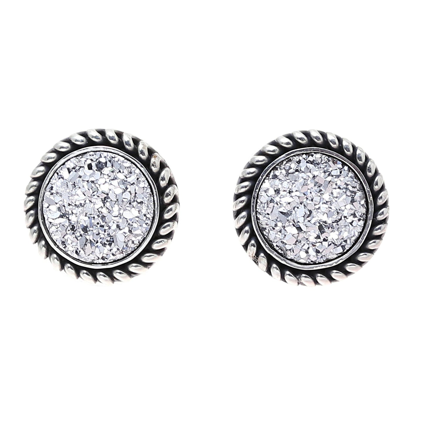 White Sphere Drusy Quartz Silver Stud Earrings