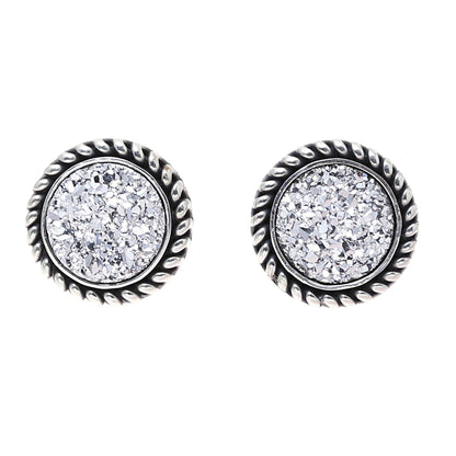 White Sphere Drusy Quartz Silver Stud Earrings