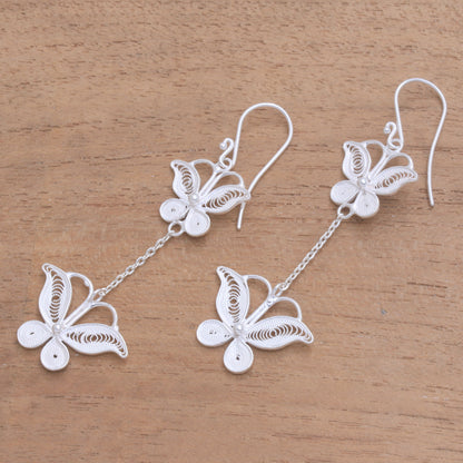 Filigree Butterflies Sterling Silver Filigree Butterfly Elongated Dangle Earrings