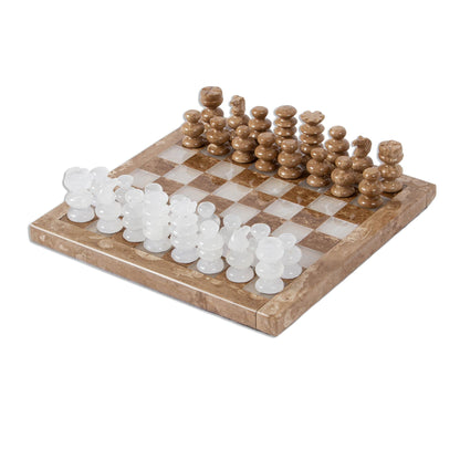 Brown and White Challenge Onyx and Marble Chess Set in Brown and White (7.5 in.)