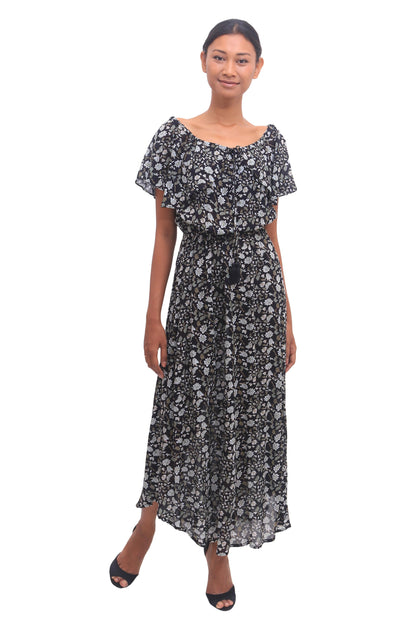 Boho Bali White and Olive Floral Print on Black Rayon Midi Dress