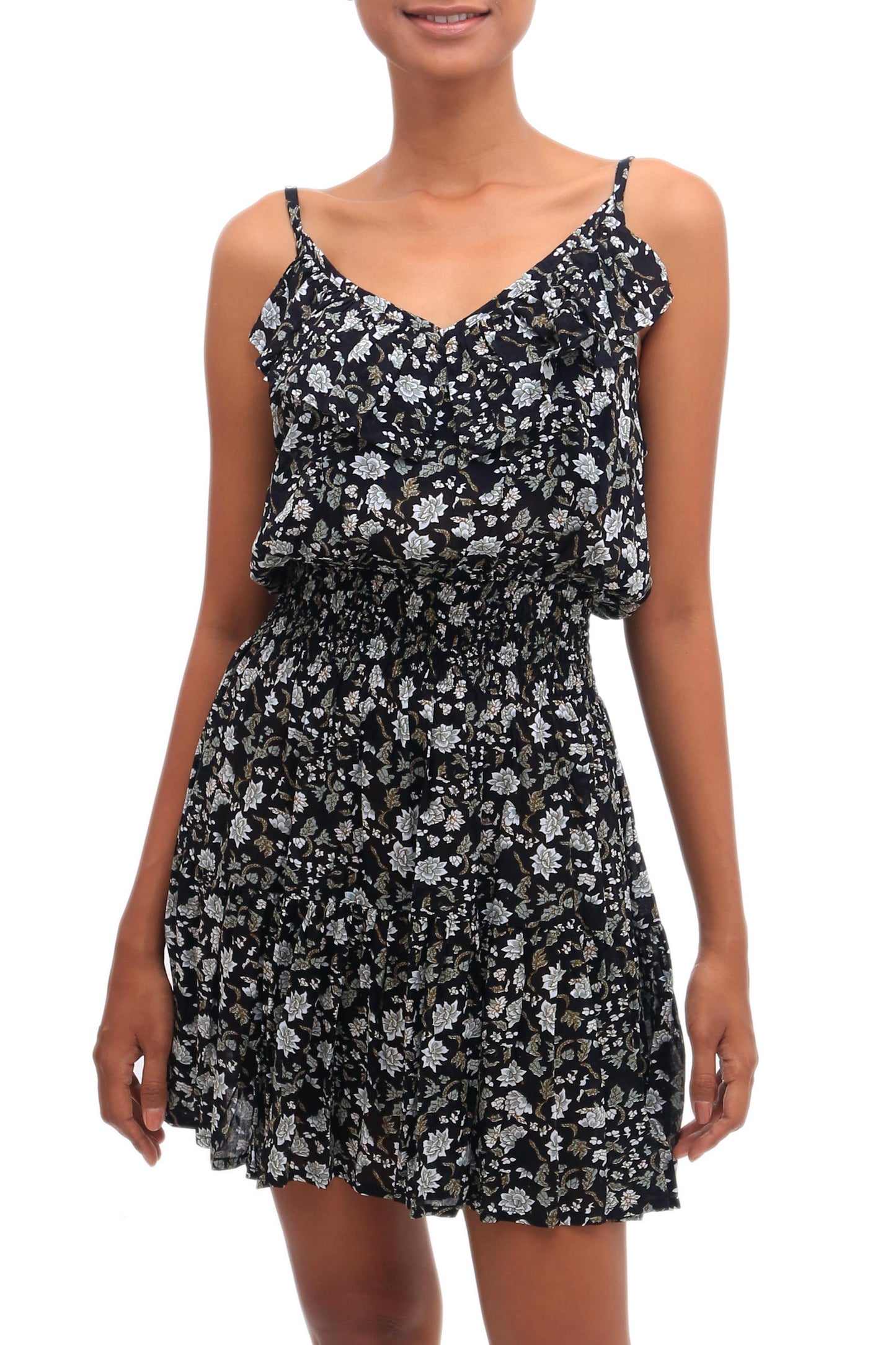 Venus Flowers Floral Printed Rayon Short Sundress from Bali