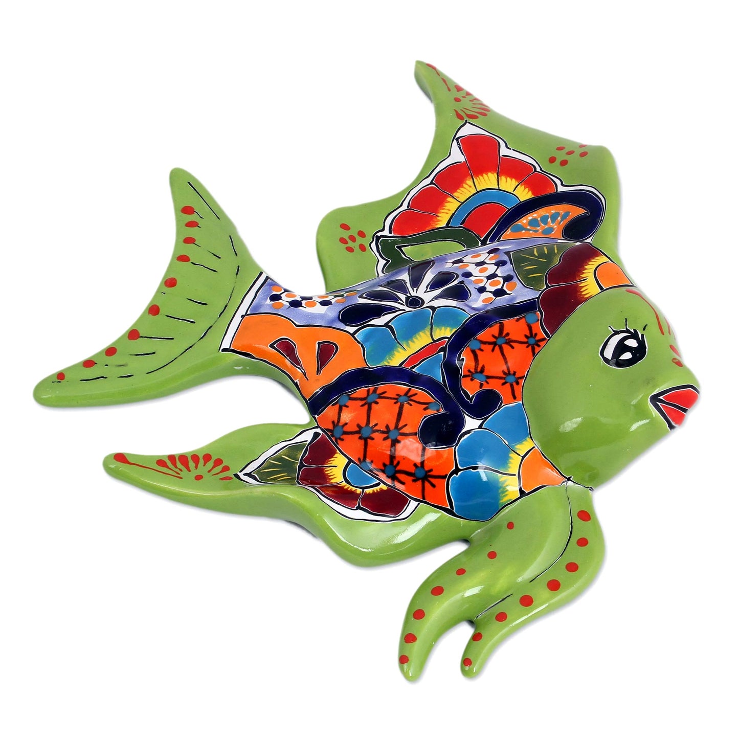 Green Angelfish Hand-Painted Ceramic Fish Wall Sculpture from Mexico