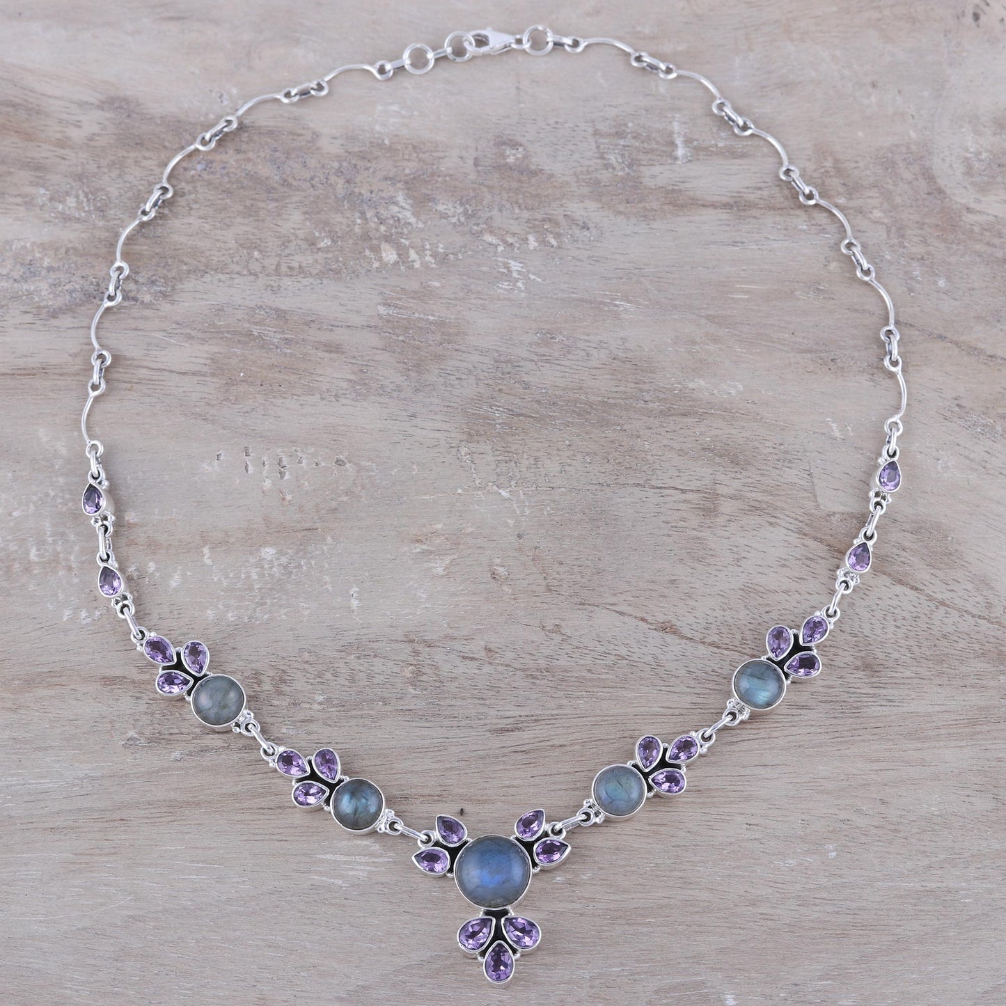 Aurora Blossom Amethyst and Labradorite Pendant Necklace from India