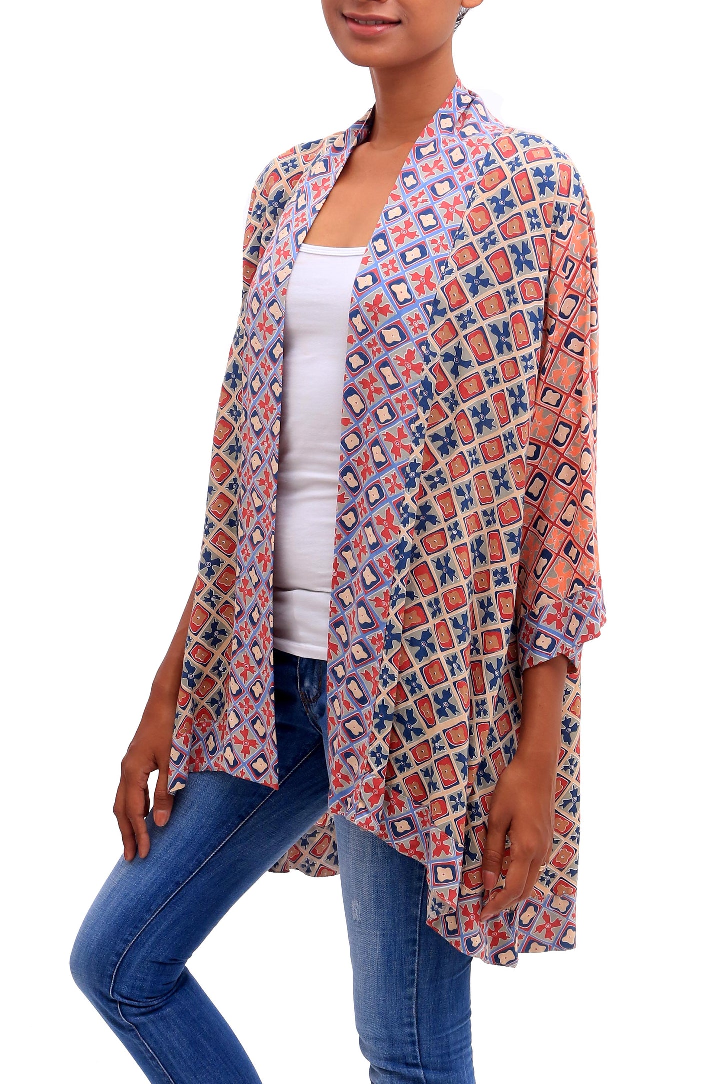 Kelud Crisscross Chili and Azure Printed Rayon Kimono from Bali