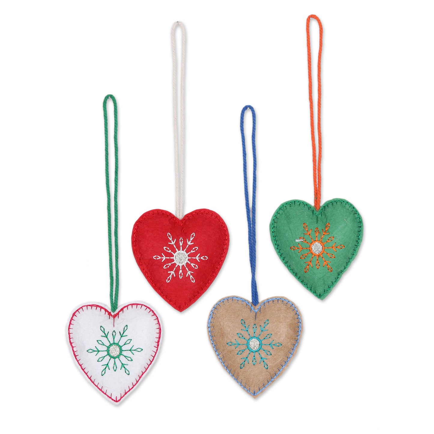 Folk Art Hearts Set of 4 Assorted Color Wool Felt Heart Ornaments