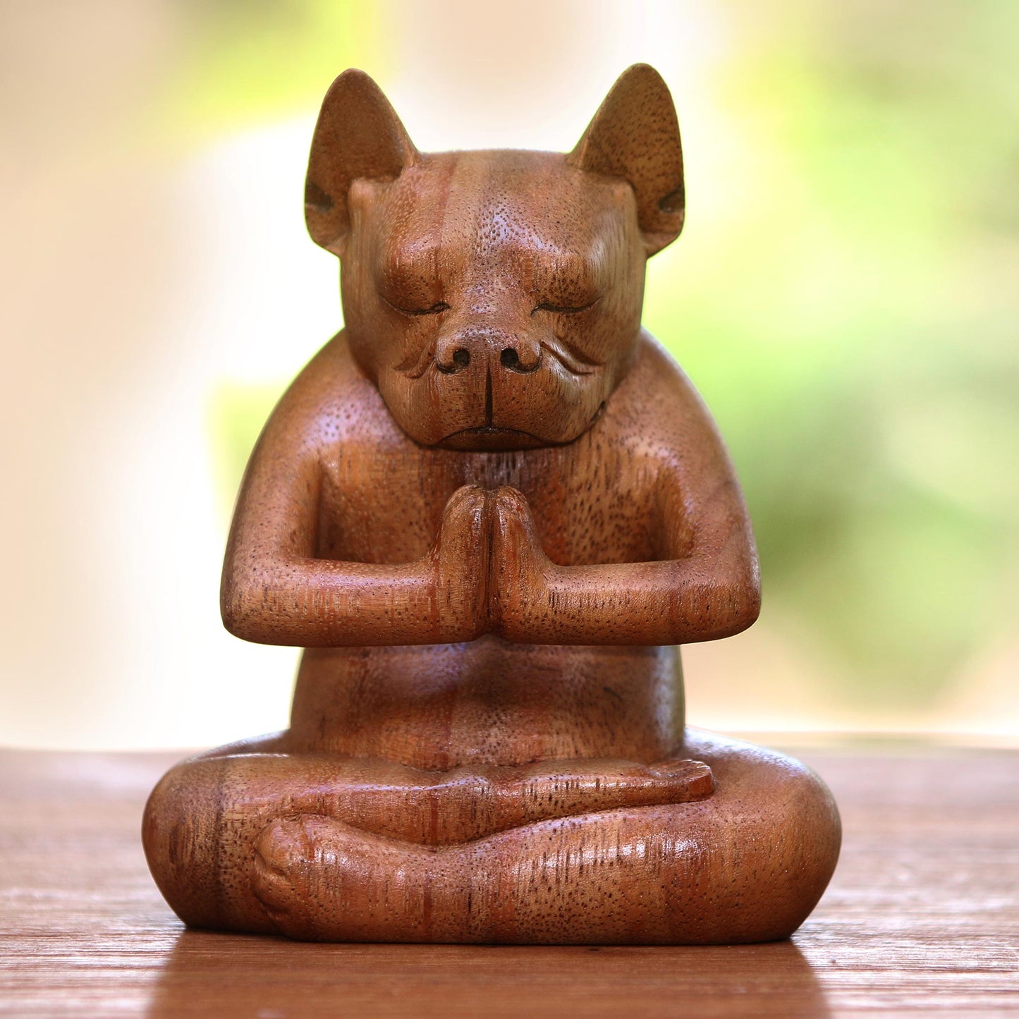 Yoga Boston Terrier in Brown Yoga Meditation Brown Boston Terrier Handmade Wood Statuette