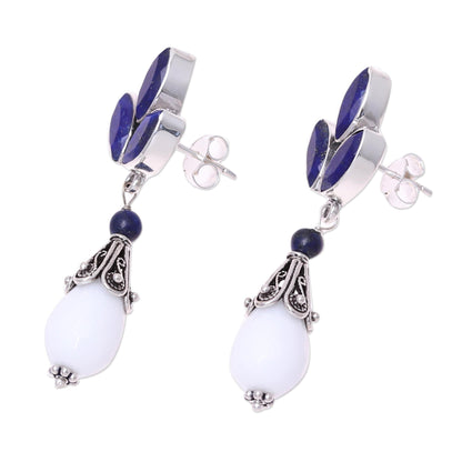 Glowing White Agate and Lapis Lazuli Dangle Earrings from India