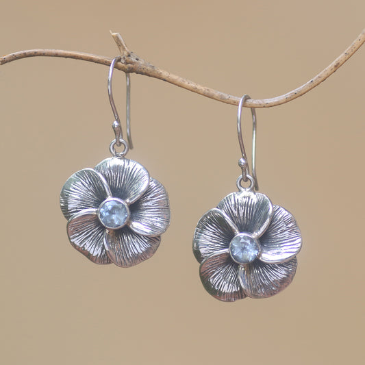 Plumeria Sparkle Blue Topaz Frangipani Flower Dangle Earrings from Bali