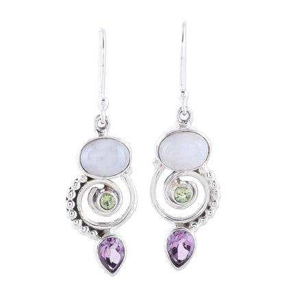 Twilight Labyrinth Multi-Gemstone and Sterling Silver Spiral Dangle Earrings