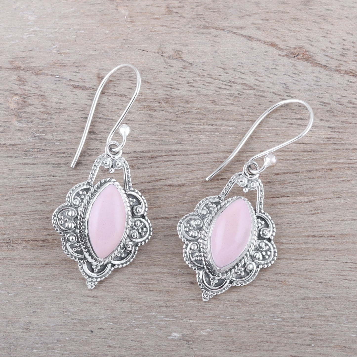 Shimmering Beauty Marquise Pink Opal Dangle Earrings from India