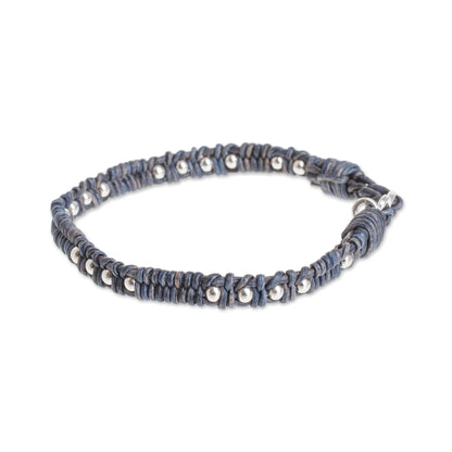 Brilliant Orbs Silver and Leather Beaded Wristband Bracelet in Blue