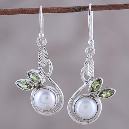 Spring Beauty Cultured Pearl and Faceted Peridot Dangle Earrings