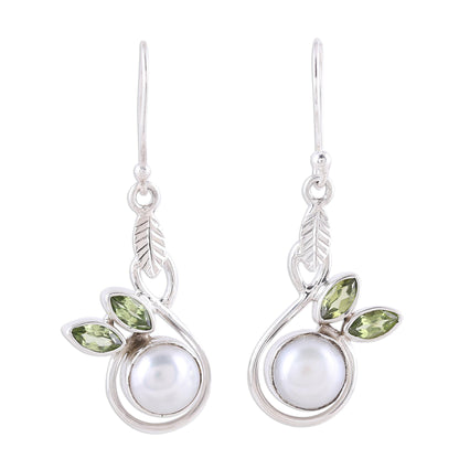 Spring Beauty Cultured Pearl and Faceted Peridot Dangle Earrings