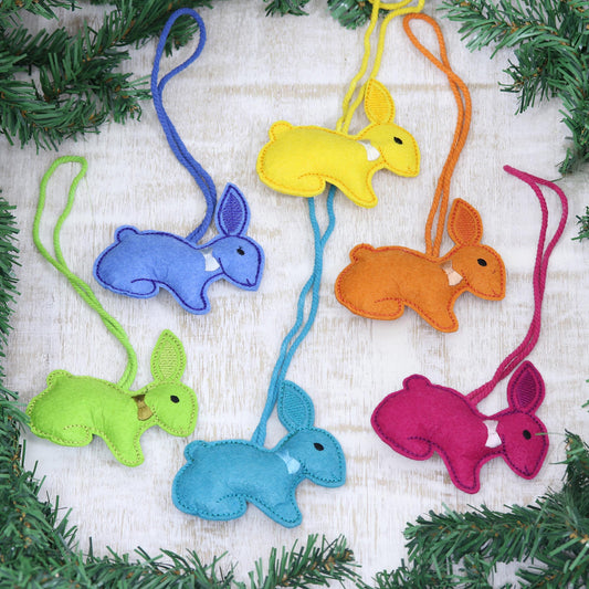 Colorful Bunnies Assorted Wool Rabbit Ornaments from India (Set of 6)