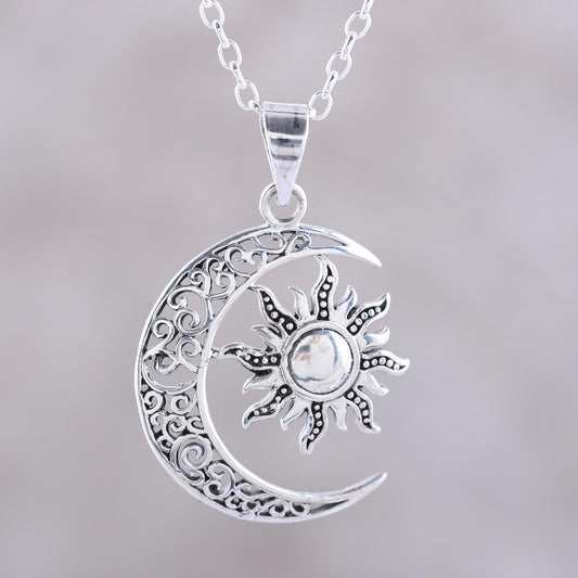 Celestial Duo Sun and Crescent Moon Sterling Silver Pendant Necklace