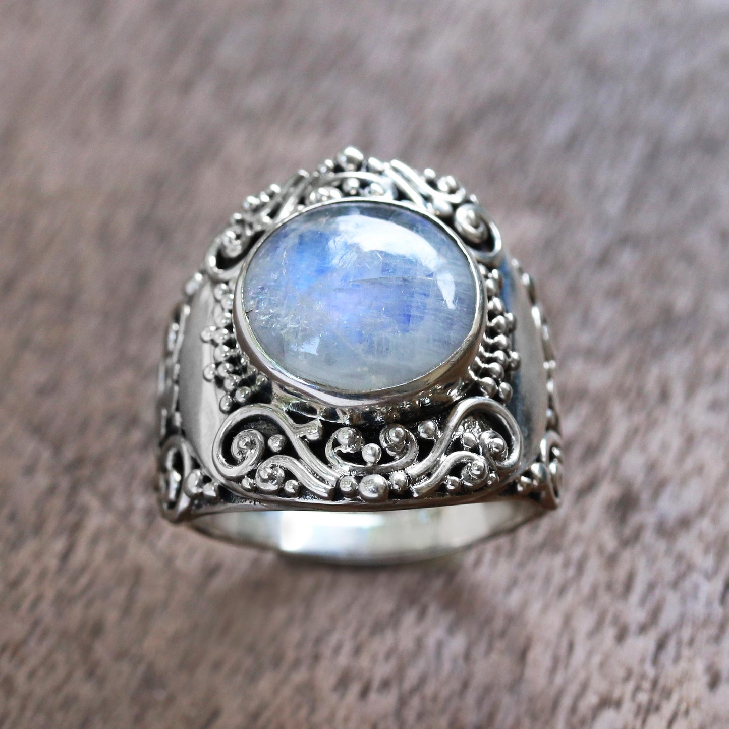 Nighttime Garden Rainbow Moonstone Cocktail Ring from Bali