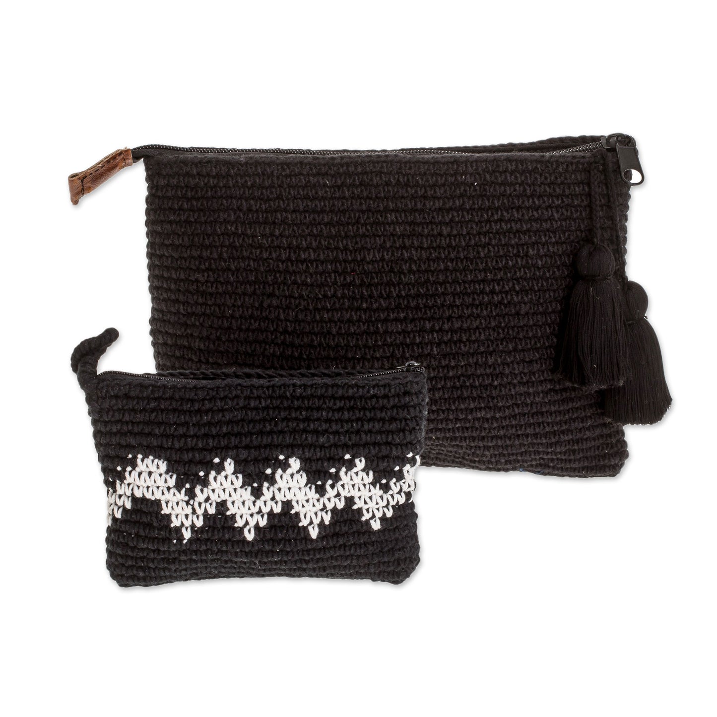 Zigzag Night Hand-Crocheted Cotton Handbags with White Zigzags (Pair)