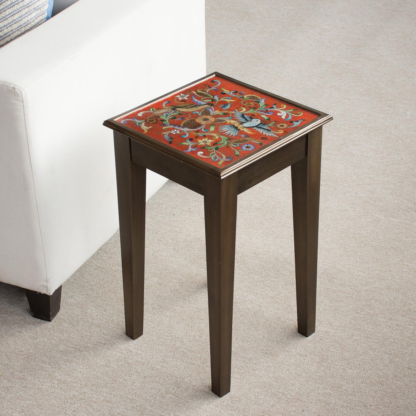 Birds in the Red Skies Floral and Bird Motif Reverse-Painted Glass Accent Table