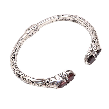 Elephant's Treasure Garnet and Sterling Silver Elephant Motif Cuff Bracelet