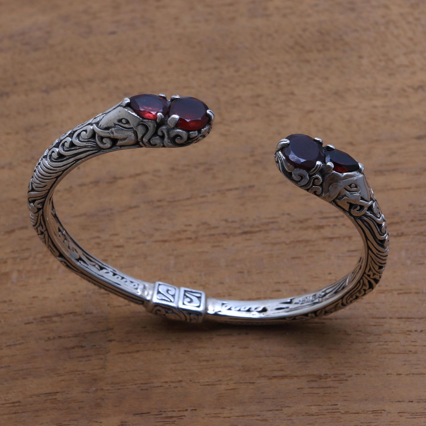 Elephant's Treasure Garnet and Sterling Silver Elephant Motif Cuff Bracelet