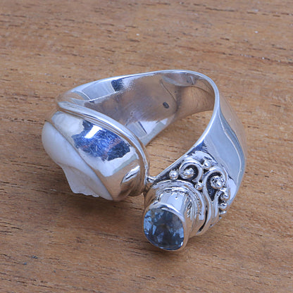 Sparkling Face Blue Topaz Silver Cow Bone Ring