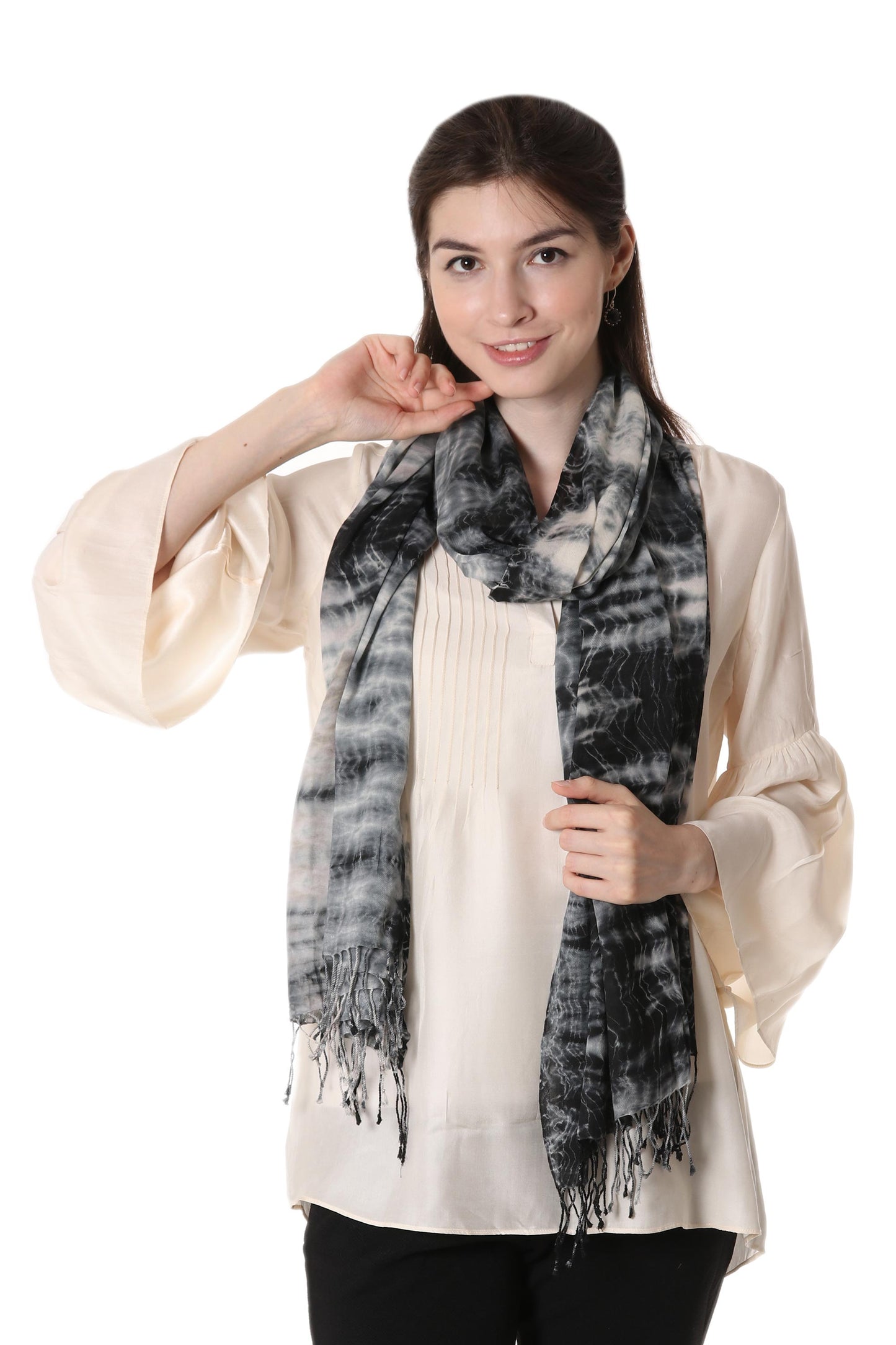 Elegant Shibori 100% Cotton Shibori Shawl in Black and Ivory from India