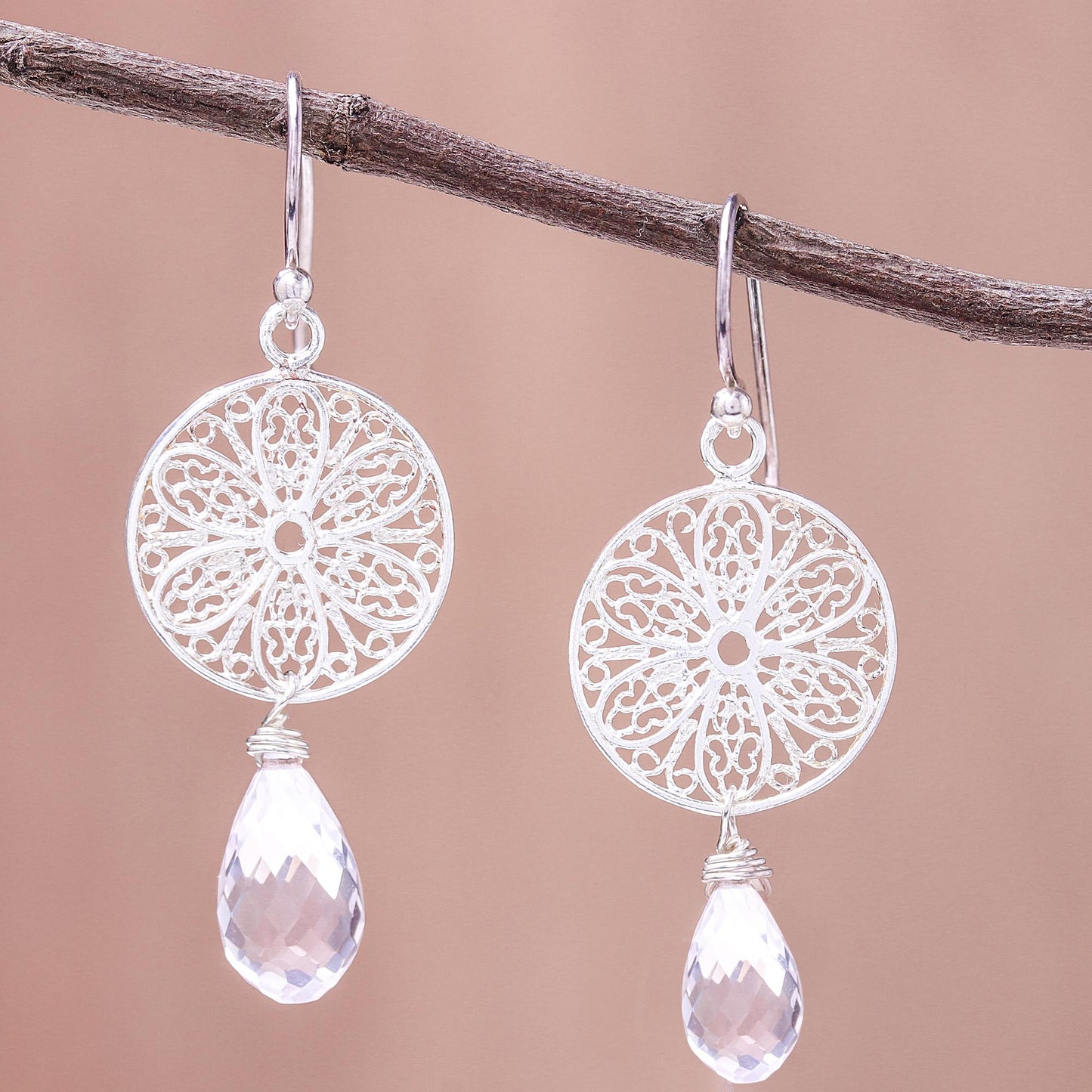 Glittering Web Web Motif Rose Quartz Dangle Earrings from Thailand