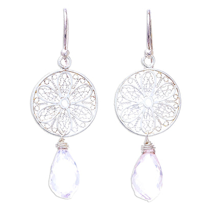 Glittering Web Web Motif Rose Quartz Dangle Earrings from Thailand