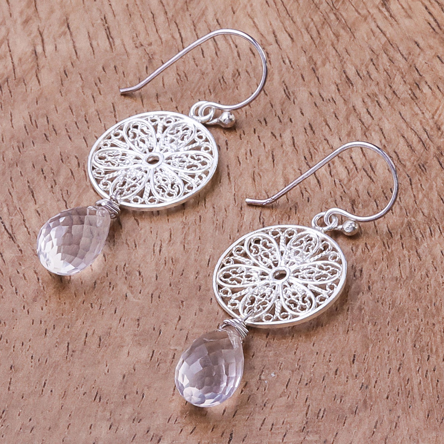 Glittering Web Web Motif Rose Quartz Dangle Earrings from Thailand