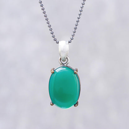 Shamrock Pool Green Onyx Oval and Sterling Silver Pendant Necklace