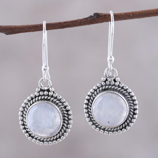 Moonlight Dots Round Rainbow Moonstone Dangle Earrings from India