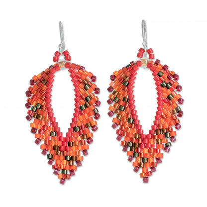 Burning Leaves Glass Beaded Dangle Earrings in Orange from El Salvador