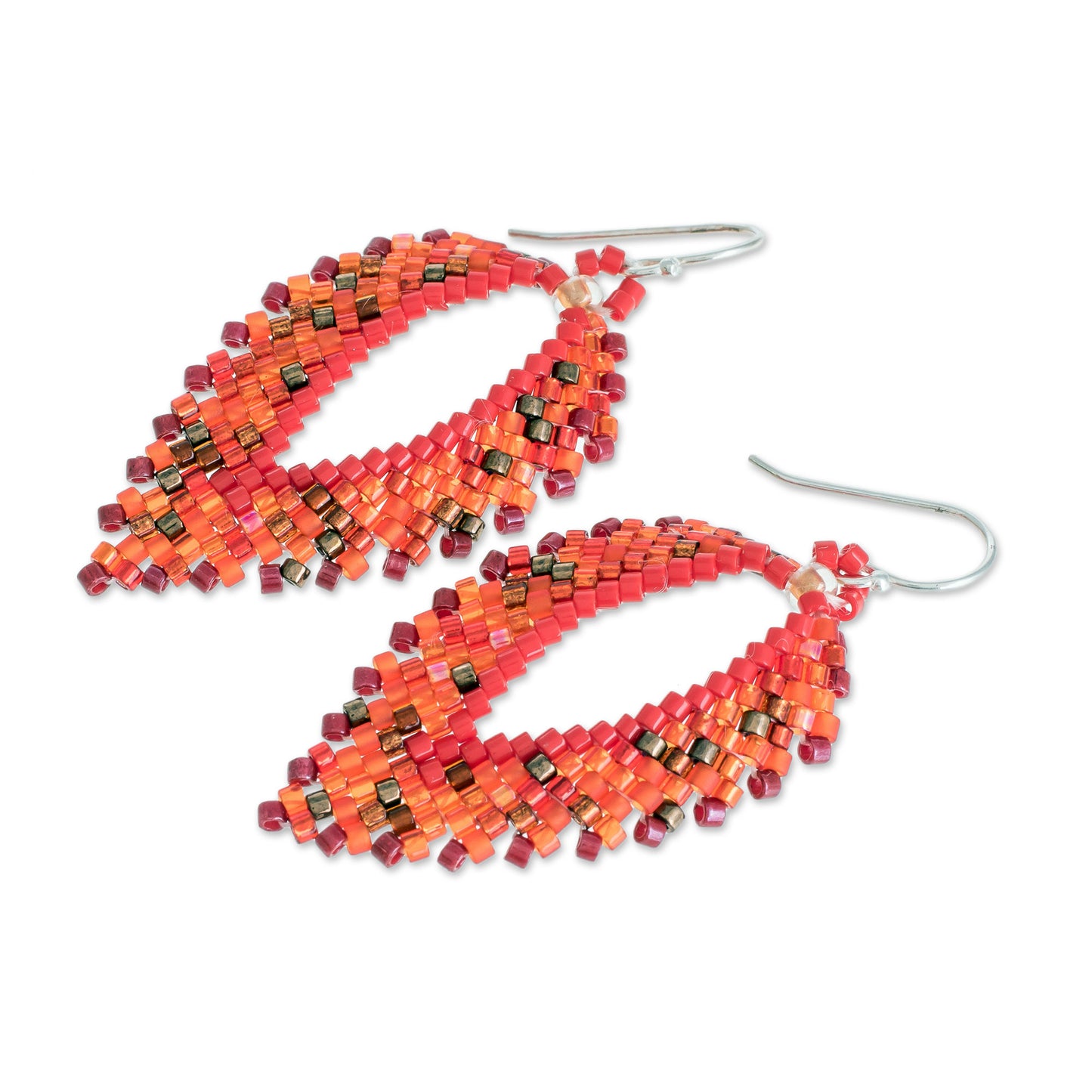 Burning Leaves Glass Beaded Dangle Earrings in Orange from El Salvador