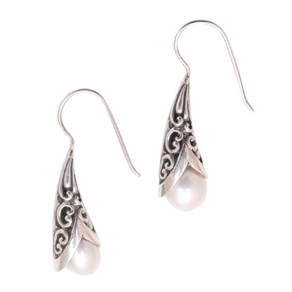 Emerging Beauty in White White Cultured Pearl Drop Earrings from Bali