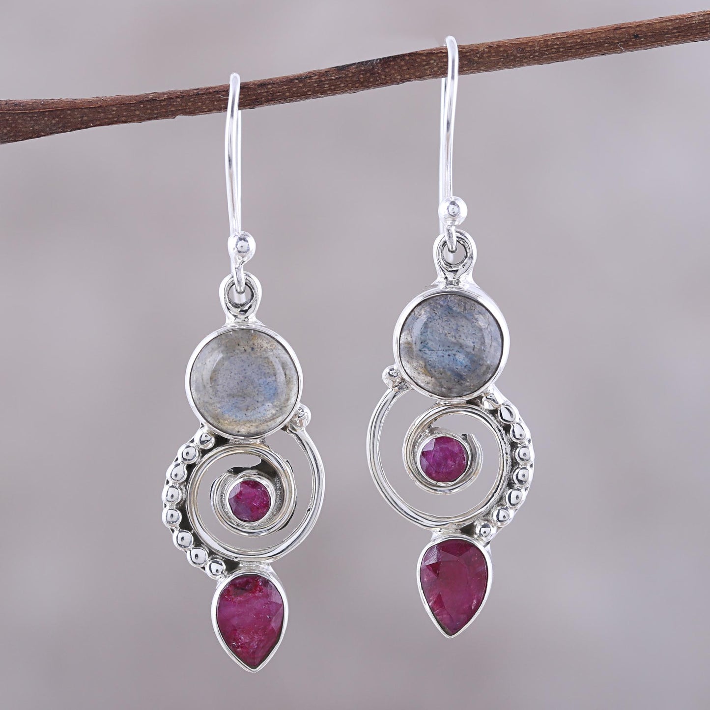 Elegant Labyrinth Labradorite and Agate Dangle Earrings from India