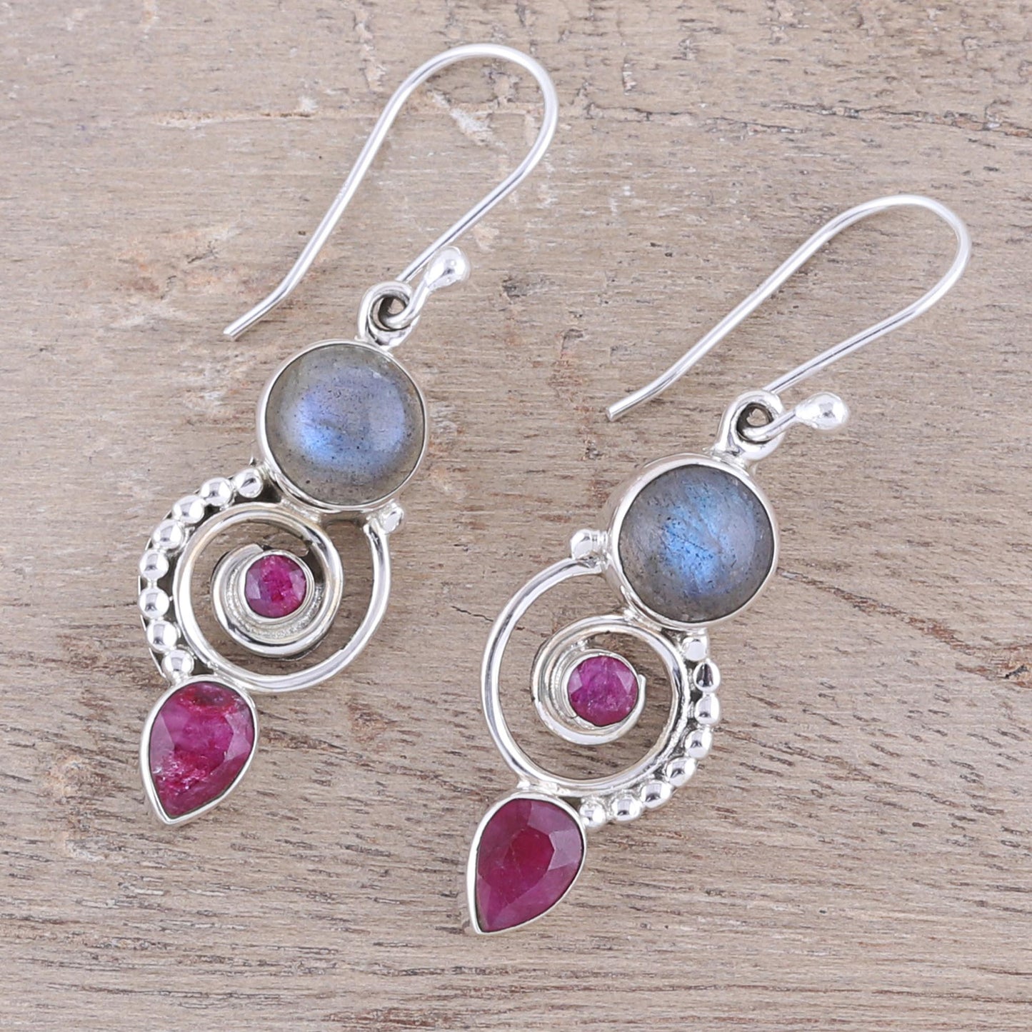 Elegant Labyrinth Labradorite and Agate Dangle Earrings from India