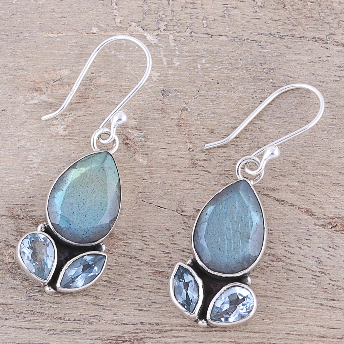 Misty Rain Labradorite and Blue Topaz Sterling Silver Dangle Earrings