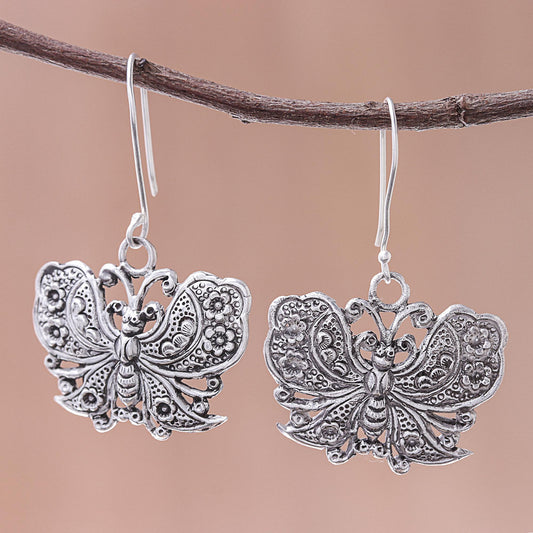 Fluttering Butterfly Handmade 925 Sterling Silver Butterfly Dangle Earrings