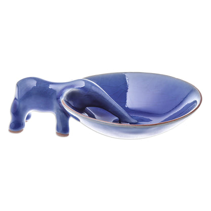 Sipping Elephant Blue Ceramic Incense Holder