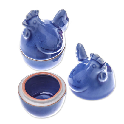 Hen Breakfast Blue Ceramic Hen Egg Cups from Thailand (Pair)