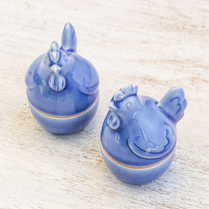 Hen Breakfast Blue Ceramic Hen Egg Cups from Thailand (Pair)