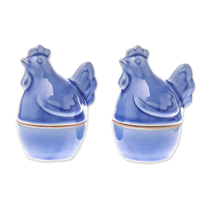 Hen Breakfast Blue Ceramic Hen Egg Cups from Thailand (Pair)