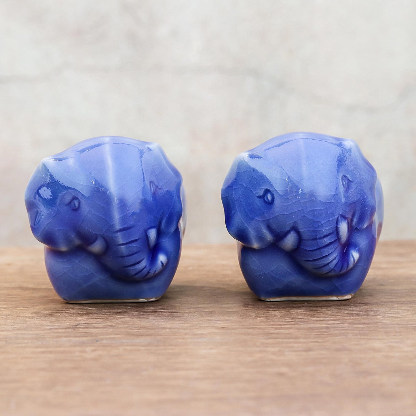 Elephant Sisters Blue Ceramic Elephant Egg Cups from Thailand (Pair)