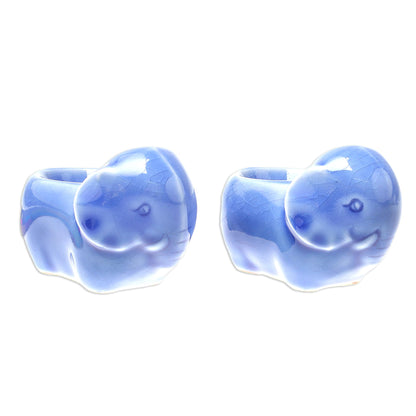 Elephant Sisters Blue Ceramic Elephant Egg Cups from Thailand (Pair)