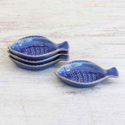 Festive Fish Fish-Shaped Blue Ceramic Appetizer Bowls (Set of 4)